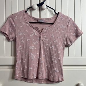 Pink Flower Button Short Sleeve Top